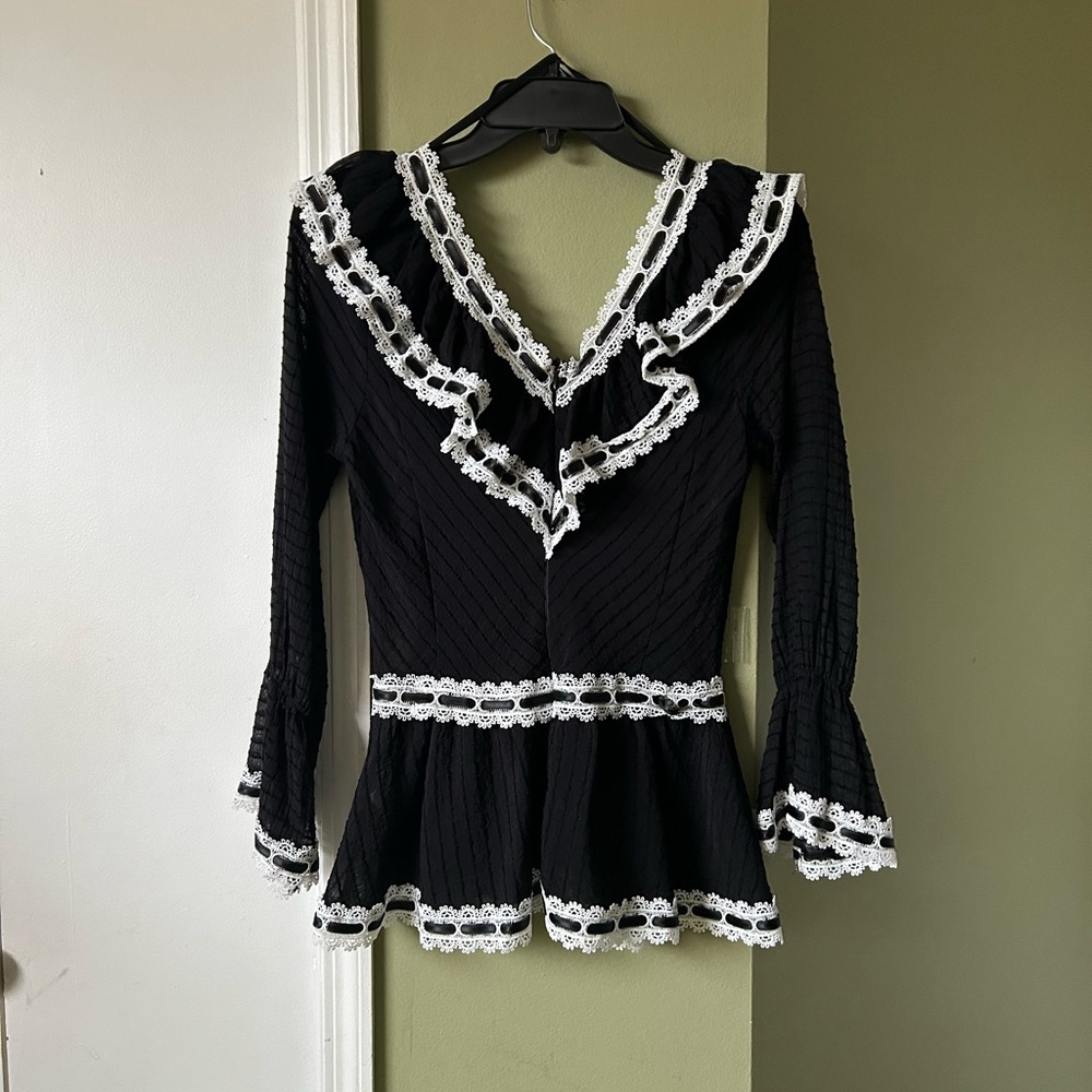 JJ’s Fairyland Black White Crochet trim Sheer Top Sz S